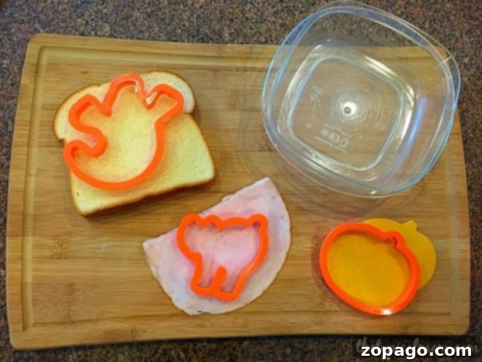 Deconstructed toddler school lunch featuring fun, themed shapes and components carefully separated in a bento box.