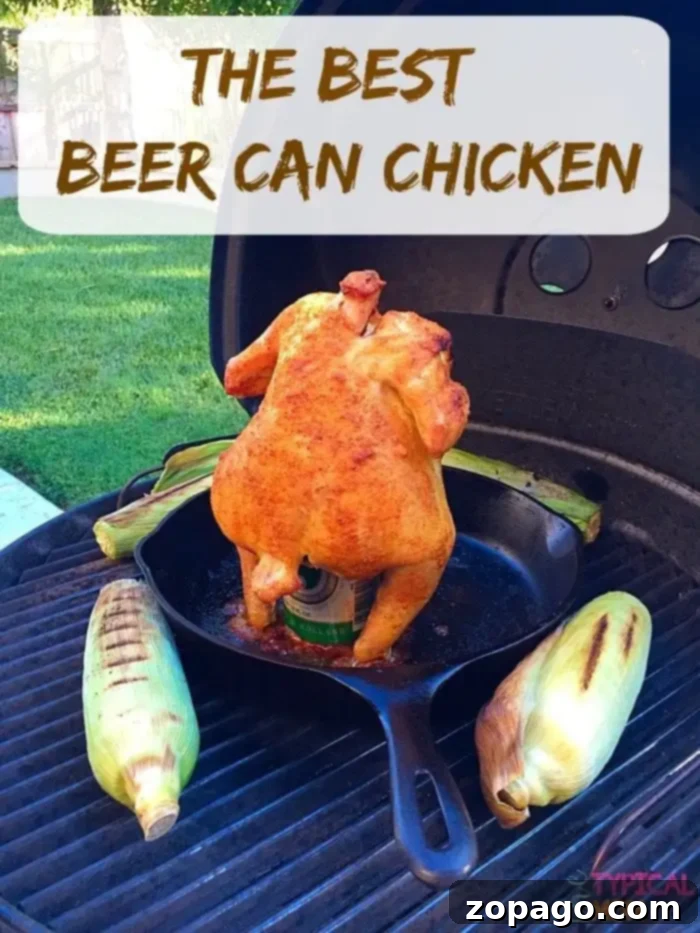 Discover the ultimate beer can chicken recipe cooked on a barbecue tonight. This incredibly easy and flavorful method is perfect for outdoor cooking during hot summer days, bringing back cherished childhood memories and guaranteeing a perfect roast. #beercanchicken A whole roasted chicken, cooked upright on a beer can, nestled in a skillet on a vibrant charcoal grill, adorned with fresh corn on the cob. The image is accompanied by text proudly proclaiming 'The Best Beer Can Chicken on Charcoal Grill'.