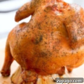 A whole roasted chicken seasoned with herbs sits upright on a stand, reminiscent of a classic beer can chicken cooked on a charcoal grill. Displayed on a wooden cutting board, the bird is golden brown and cooked to perfection, with visible spices adorning its crispy skin.