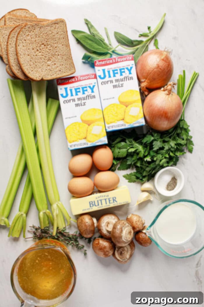 Classic Jiffy Cornbread Dressing 3 Ingredients for stuffing laid out: bread, Jiffy Cornbread mix, eggs, butter, celery, onions, mushrooms, herbs, broth, and milk—perfect for a flavorful Cornbread Stuffing.