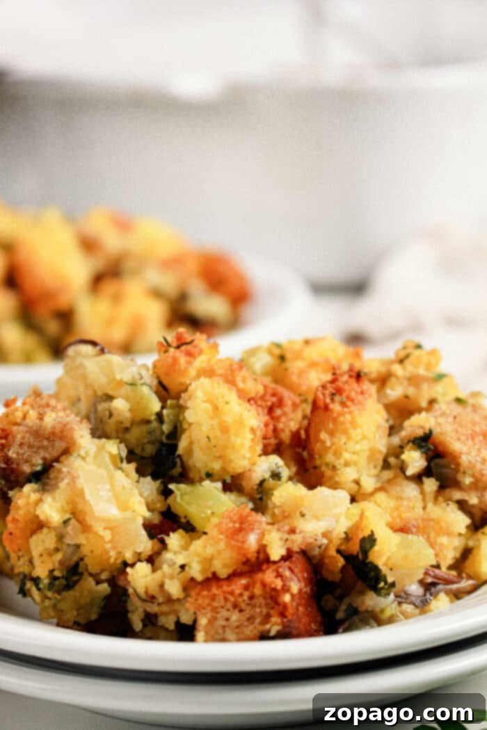 Classic Jiffy Cornbread Dressing 7 A plate of Jiffy cornbread stuffing with vegetables, served in a close-up view.