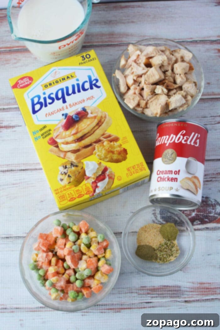 Bisquick chicken and dumplings ingredients laid out: Bisquick mix, milk, cooked rotisserie chicken, cream of chicken soup, frozen mixed vegetables, and a selection of seasonings, all ready for a comforting classic on a wooden table.