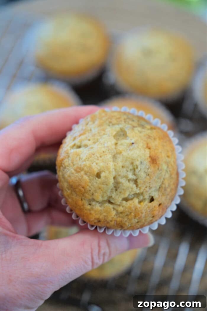 Moist Banana Muffins 5 A hand holds a freshly baked banana muffin in a white paper liner, with more banana muffins on a cooling rack behind.