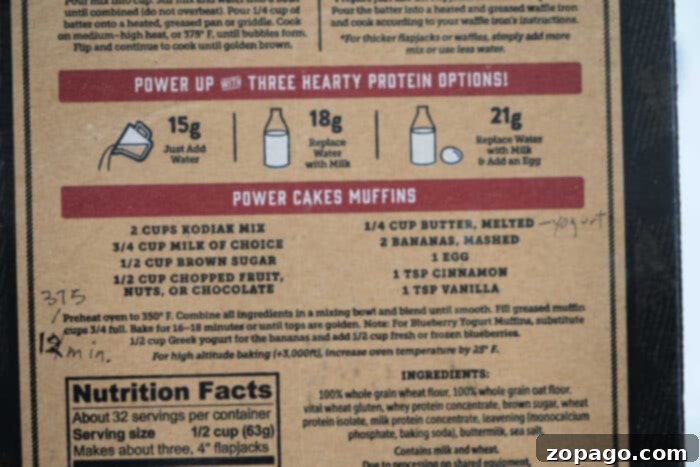 Power-Packed Kodiak Banana Muffins 3 Recipe instructions for Kodiak Power Cakes Banana Muffins with handwritten notes, including bake time and temperature.
