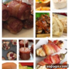 Collage of bacon-wrapped appetizers, dips, roll-ups, and sliders on various plates and trays—perfect football party food to please hungry fans.