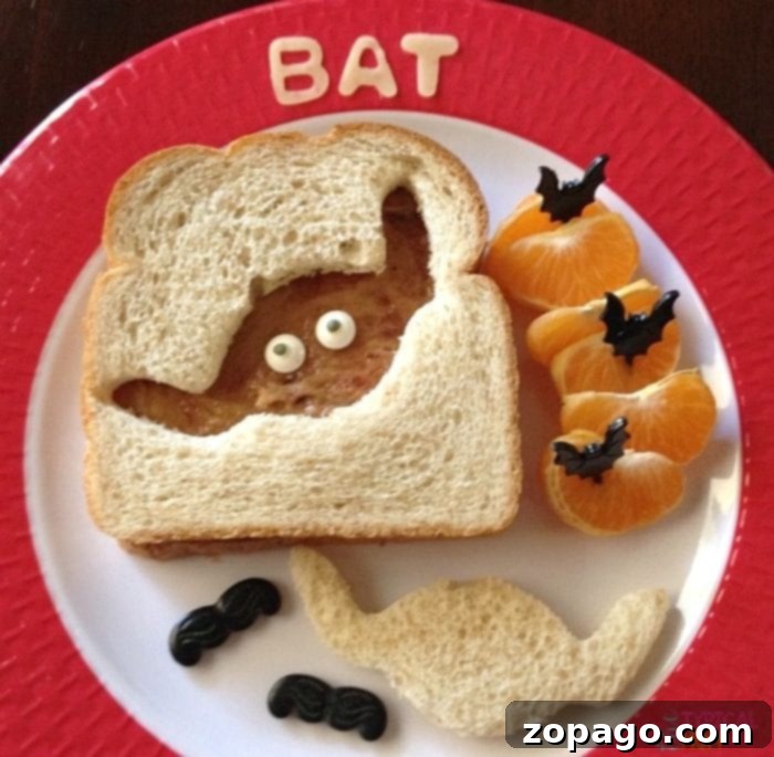 Creative Halloween Sandwich Idea for Kids A fun and creative Halloween sandwich, perfect for kids' lunches or party snacks, designed to look spooky.