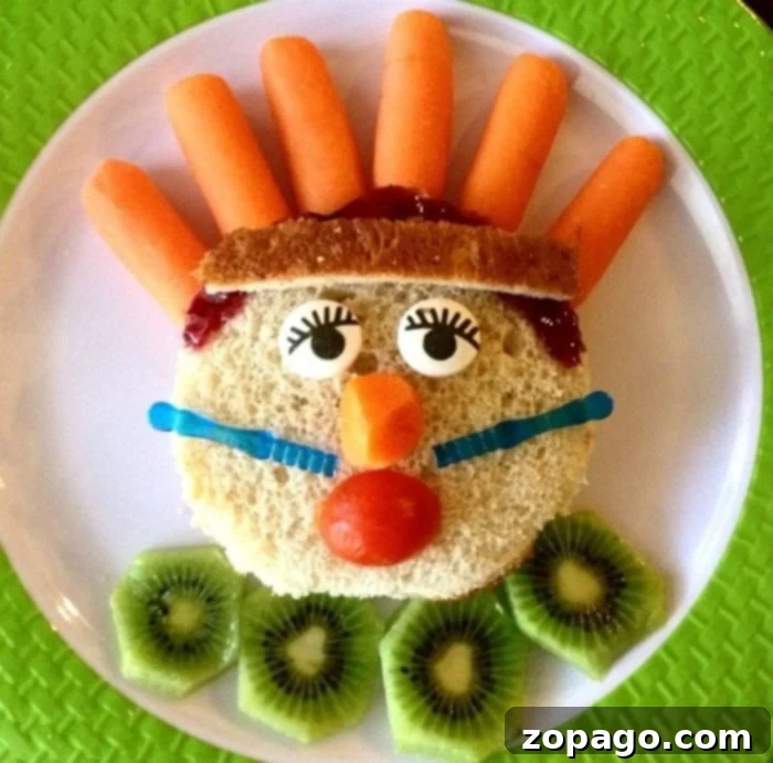 Fun Thanksgiving Sandwich A creative and fun Thanksgiving-themed sandwich, resembling a turkey, made with peanut butter and fruit cut-outs.