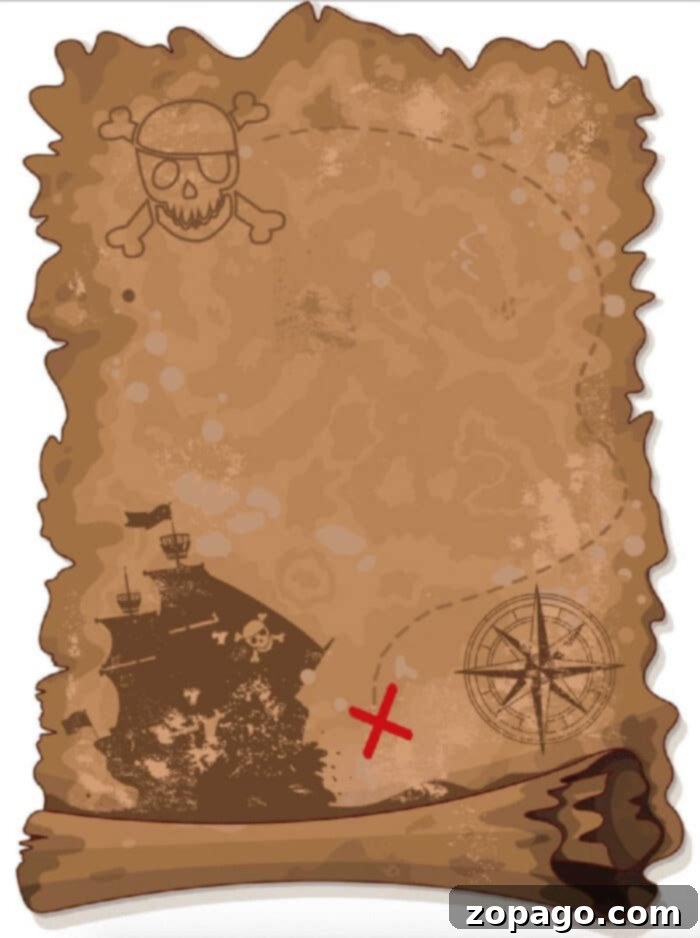 Unlock fun with a free printable pirate treasure map for Talk Like a Pirate Day on September 19th! Pirate treasure map with a compass and skull, inviting adventure for Talk Like a Pirate Day activities.