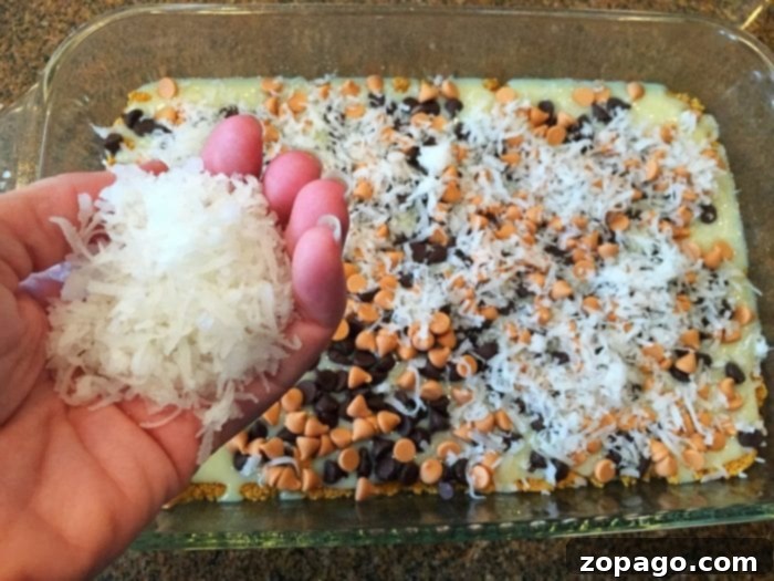 The final pre-bake layers of coconut and nuts on 5-layer cookie bars. The top layers of Better Than Sex Cookie Bars featuring shredded coconut and chopped nuts, ready for baking.