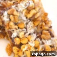The Ultimate Indulgence Cookie Bar Recipe 2 Close-up of cookie bars from a scrumptious recipe, topped with shredded coconut, walnuts, and butterscotch chips. These delectable bars boast a layered texture with chocolate chips and a crumbly base, elegantly placed on a white plate.