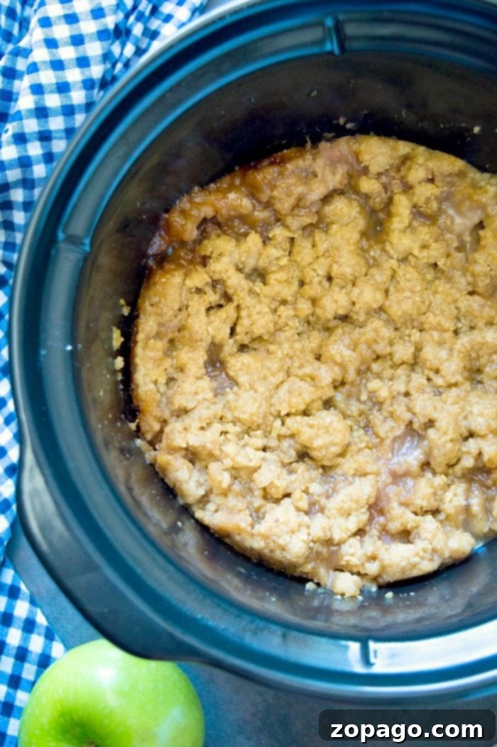 Crockpot Apple Crisp: Warm apple pie filling without the crust, easy to make in your slow cooker. #applecrisp #crockpot #slowcooker #pie #dessert #fruit #breakfast #crockpotrecipes #crockpotapplecrisp #thetypicalmom Close up of a crockpot apple crisp in the slow cooker, showing the bubbling apple filling and golden oat topping.