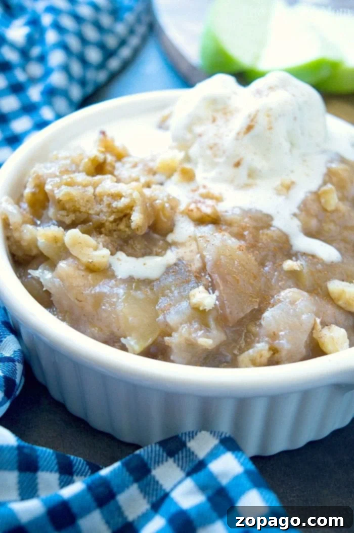 Crockpot Apple Crisp: Warm apple pie filling without the crust, easy to make in your slow cooker. #applecrisp #crockpot #slowcooker #pie #dessert #fruit #breakfast #crockpotrecipes #crockpotapplecrisp #thetypicalmom Another shot of crockpot apple crisp, capturing the golden topping and tender apples.