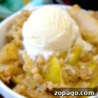 A bowl of crockpot apple crisp topped with a scoop of vanilla ice cream.