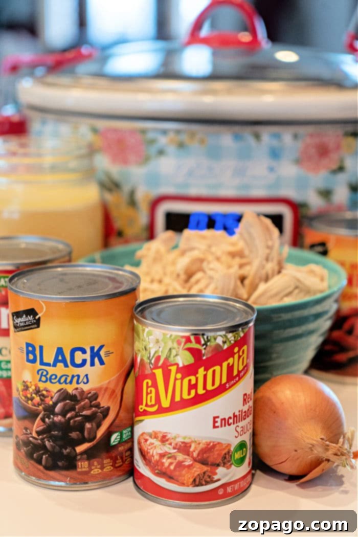 Easy Crockpot recipe for chicken enchilada soup that is super easy to make and tastes amazing, even the kids rave about this one. #crockpot #slowcooker #chicken #enchilada #soup Ingredients and finished Slow Cooker Enchilada Soup