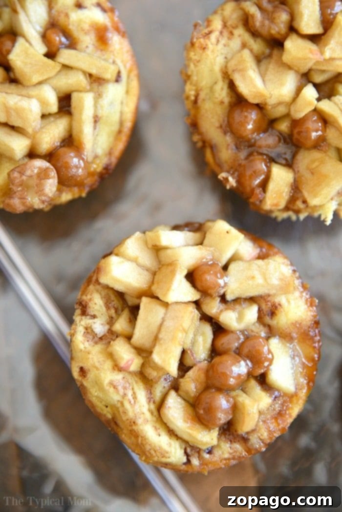 Tiny Temptation Apple Pies 5 Individual apple desserts baked in a muffin tin, topped with fresh apple slices and a caramel drizzle.
