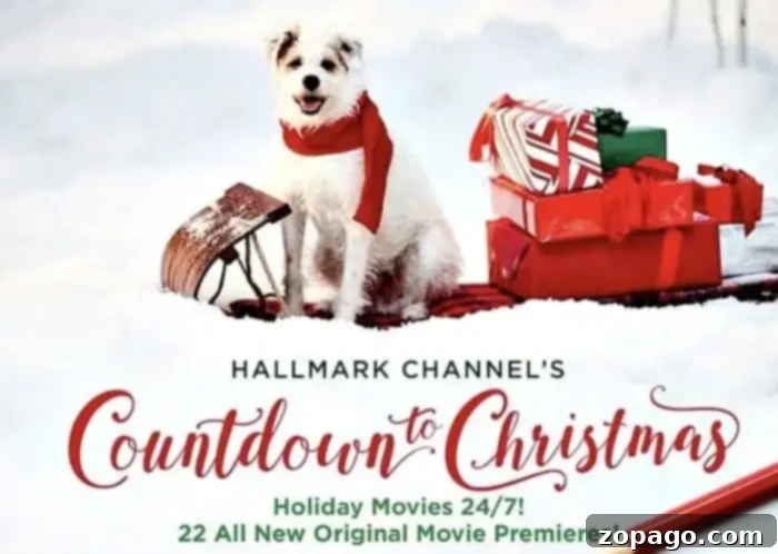 Unwrap 25 Days of Christmas Movie Magic 2024 3 A charming white dog, adorned with a festive red scarf, sits patiently in a snowy setting beside a traditional sleigh overflowing with beautifully wrapped Christmas gifts. This heartwarming scene evokes the cozy and joyful spirit of the holiday season, reminiscent of a perfect Christmas movie moment.