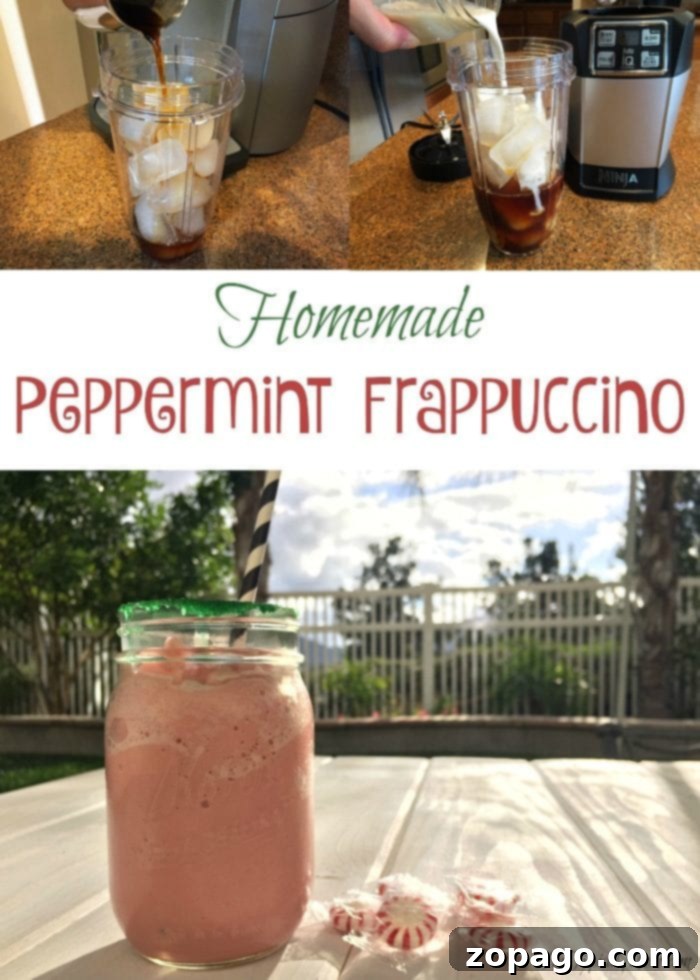 This is how to make a peppermint frappuccino at home with just 3 ingredients! Easy recipe to make a copycat Starbucks frappuccino at home. #peppermint #frappuccino A close-up of a deliciously blended peppermint frappuccino in a clear glass, featuring a swirl of whipped cream and a sprinkle of crushed candy cane on top. The crisp green and white hues evoke a festive spirit, highlighting how easy it is to make a copycat Starbucks frappuccino at home with minimal ingredients.