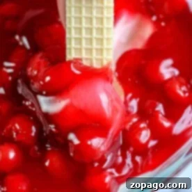 A wafer being dipped into a vibrant cherry cheesecake dip in a glass bowl.