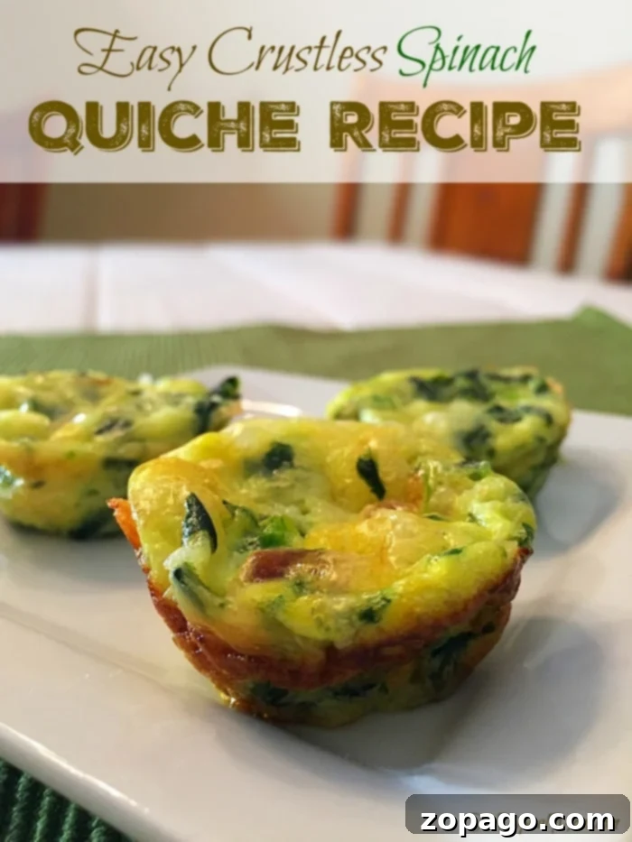 Really EASY crustless spinach quiche recipe that you will love. Makes a great appetizer, kids love them, and perfect for parties. Mini crustless spinach quiches on a white plate with text Easy Crustless Spinach Quiche Recipe above. This simple and delicious crustless spinach quiche is perfect for breakfast, brunch, or a healthy snack.