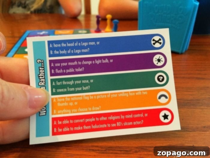 Hasbro Family Fun Fest 4 Would You Rather game by Spin Master, showing a question card.