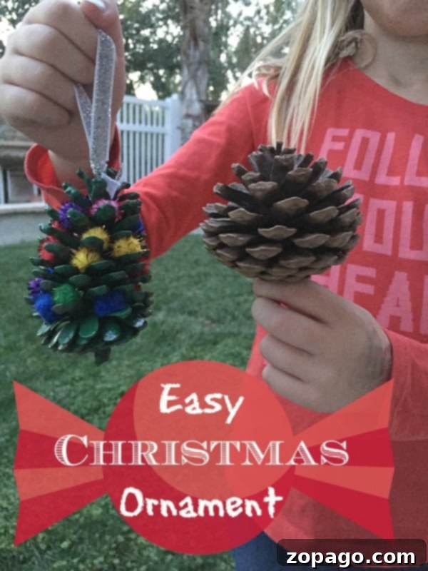 Fun Christmas Crafts for Kids 2 Pinecone Christmas ornament DIY decorated with glitter and pom-poms