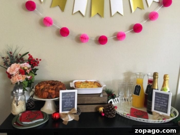 Uncork Creativity Your Guide to a Stellar Color and Sip Party 2 Close-up of a festive table setting for an inexpensive party, featuring a delicious cinnamon monkey bread, fresh quiche, and elegant flutes filled with mimosa, inviting friends to gather and enjoy.