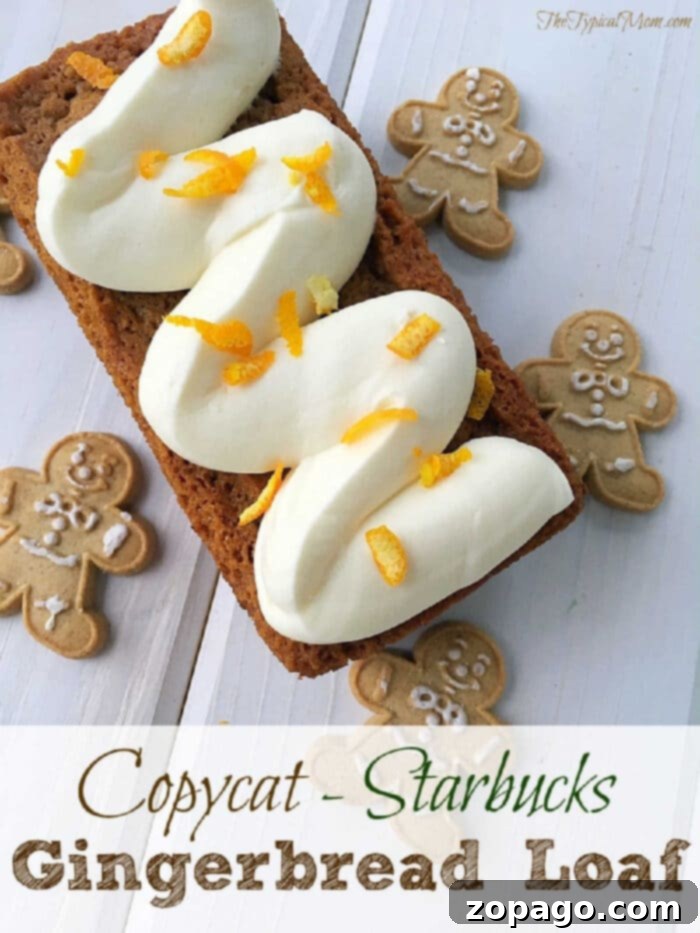 Starbucks Holiday Gingerbread Loaf 8 A Starbucks gingerbread loaf with white icing and orange zest, surrounded by gingerbread cookies on a white surface.