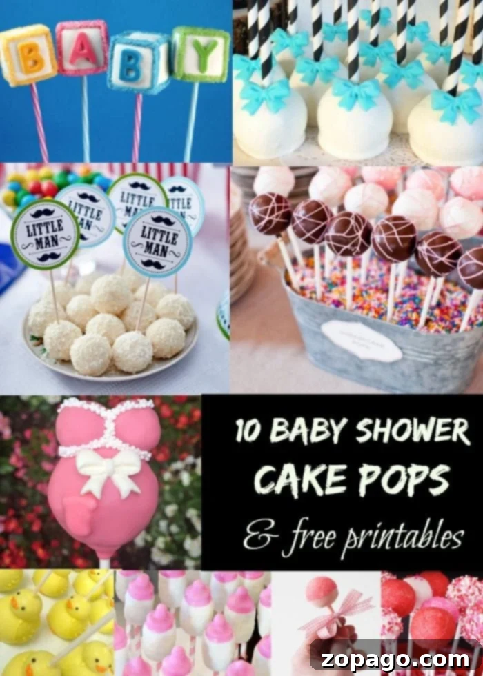 CUTE baby shower cake pops you can make yourself and are cheap to make. Free printables provided and perfect for a boy or girl baby shower. #babyshower #printables #cakepops #cakes #cake #ideas #boy #girl #genderneutral Cute baby shower cake pops decorated with sprinkles, perfect for a boy or girl baby shower, displayed on a tiered stand.