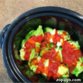 Slow cooker stuffed cabbage rolls are drenched in savory tomato sauce, blending flavors beautifully.