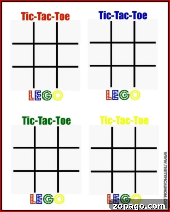 Download Your Free Printable Tic Tac Toe LEGO Game Board Here! Close-up of a free printable Tic Tac Toe LEGO board with colorful LEGO bricks as game markers.