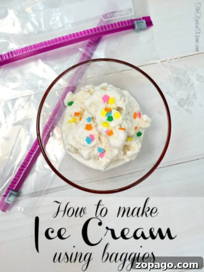Finished homemade ice cream in a bag, showing creamy texture.
