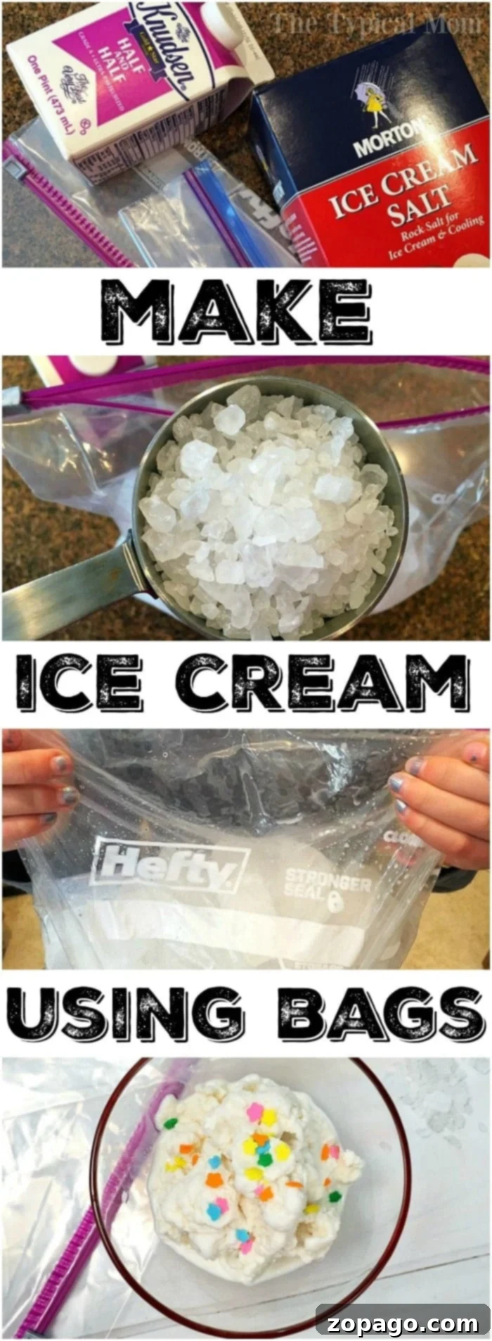 A person holding a clear plastic bag with a Hefty logo, contents resembling ingredients for how to make ice cream at home, ready for transformation.