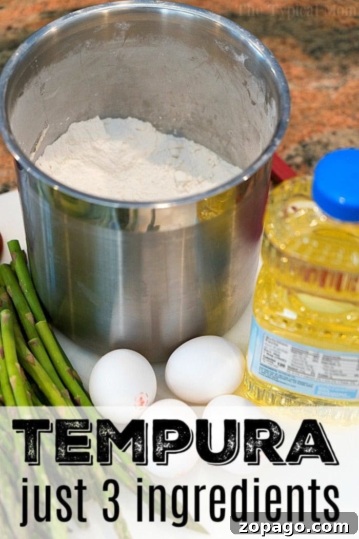 Golden Crispy Tempura Mushrooms 3 Ingredients for tempura batter laid out on a kitchen counter