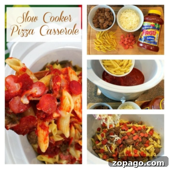 This slow cooker pizza casserole recipe is amazing! So easy to make in your crockpot and great for dinner or a party with kids. #slowcooker #pizza #crockpot #casserole #crockpotrecipes #thetypicalmom Close-up of a serving of slow cooker pizza casserole with visible pasta, sauce, and toppings.