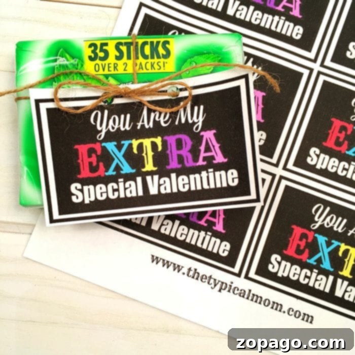 Here's an Extra special Valentine's Day printable to use on Extra gum and perfect for boys and girls to give away in class or for a party. A cute and cheap Valentine to make for school and you can find it all at the Dollar Store. EXTRA special valentine's day printable