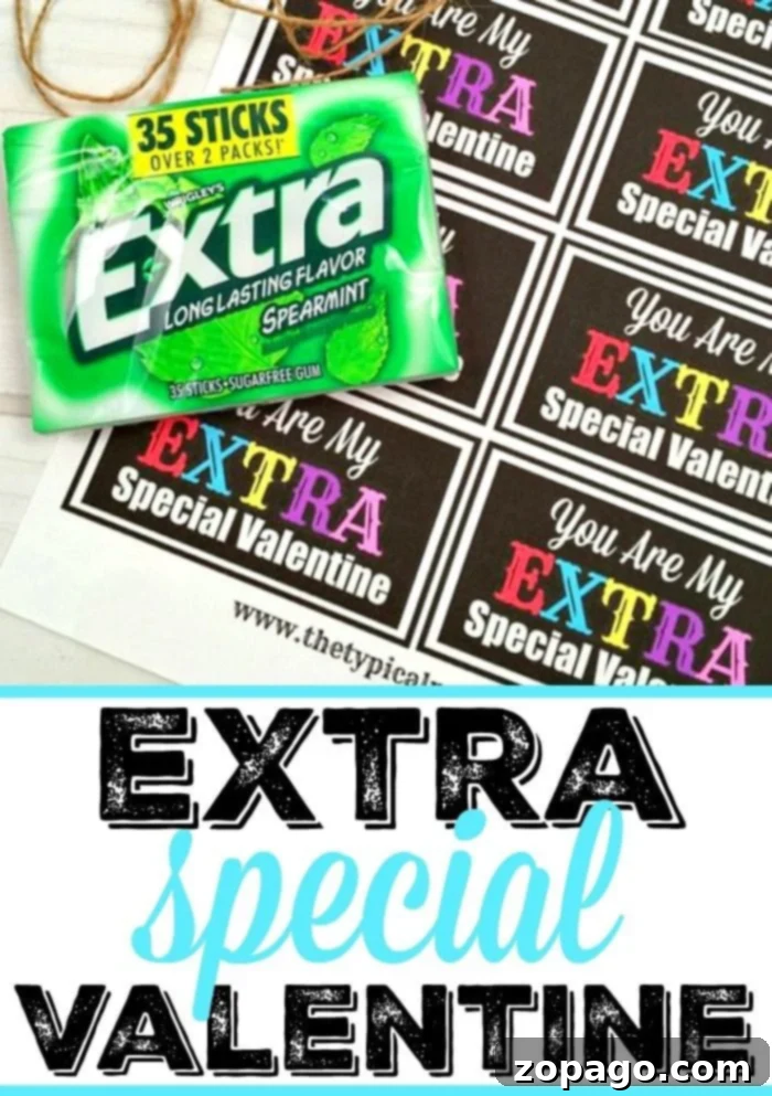 Here's an Extra special Valentine's Day printable to use on Extra gum and perfect for boys and girls to give away in class or for a party. A cute and cheap Valentine to make for school and you can find it all at the Dollar Store. Extra Special Valentine's Day Printable 2