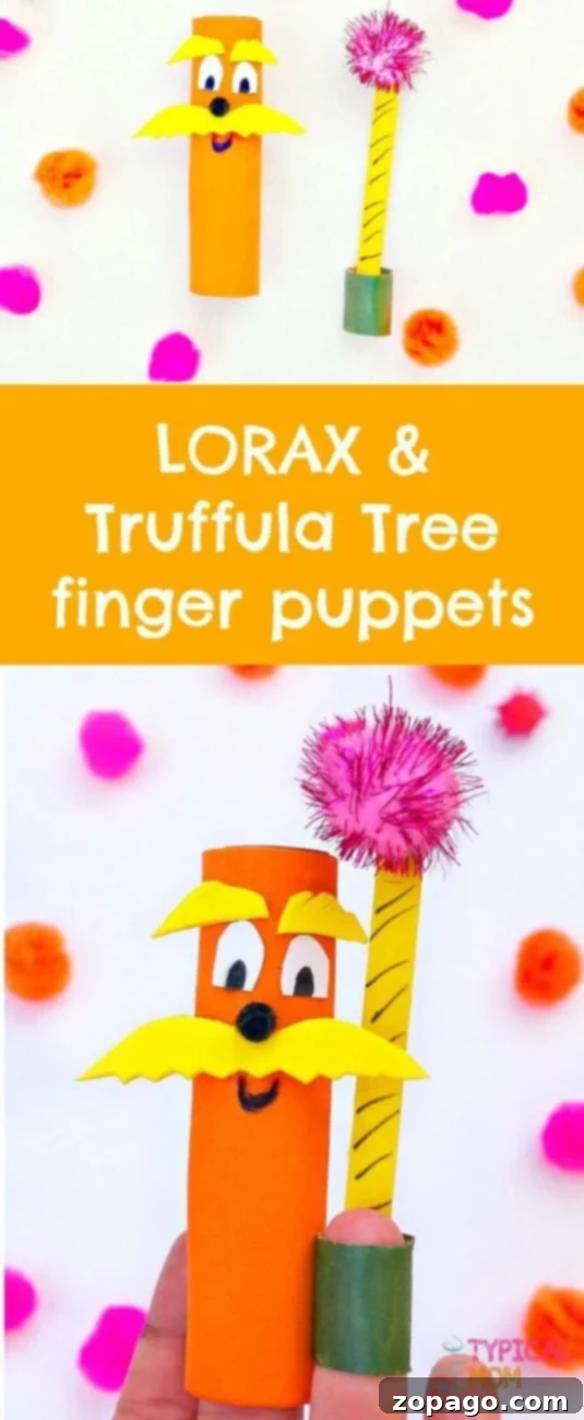 Make Your Own Dr. Seuss The Lorax Truffula Tree Finger Puppets: A Fun & Easy DIY Craft for Kids Cute Dr. Seuss Lorax and Truffula tree finger puppets made from toilet paper rolls, perfect for kids' crafts and party activities.