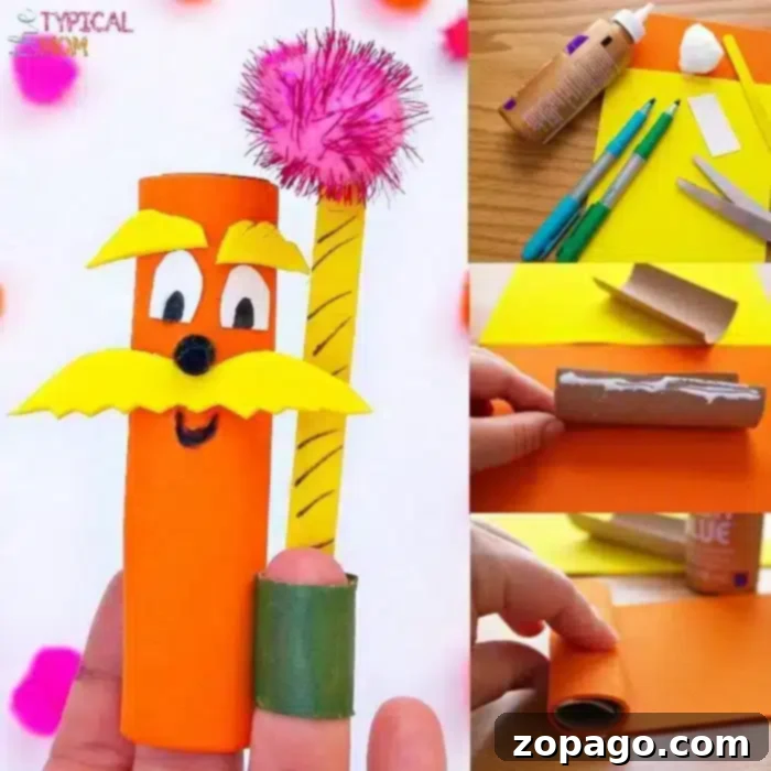 Engaging Dr. Seuss Lorax Finger Puppet Craft for Children Close-up of a child's hand holding a homemade Lorax finger puppet, showcasing a fun craft for kids.