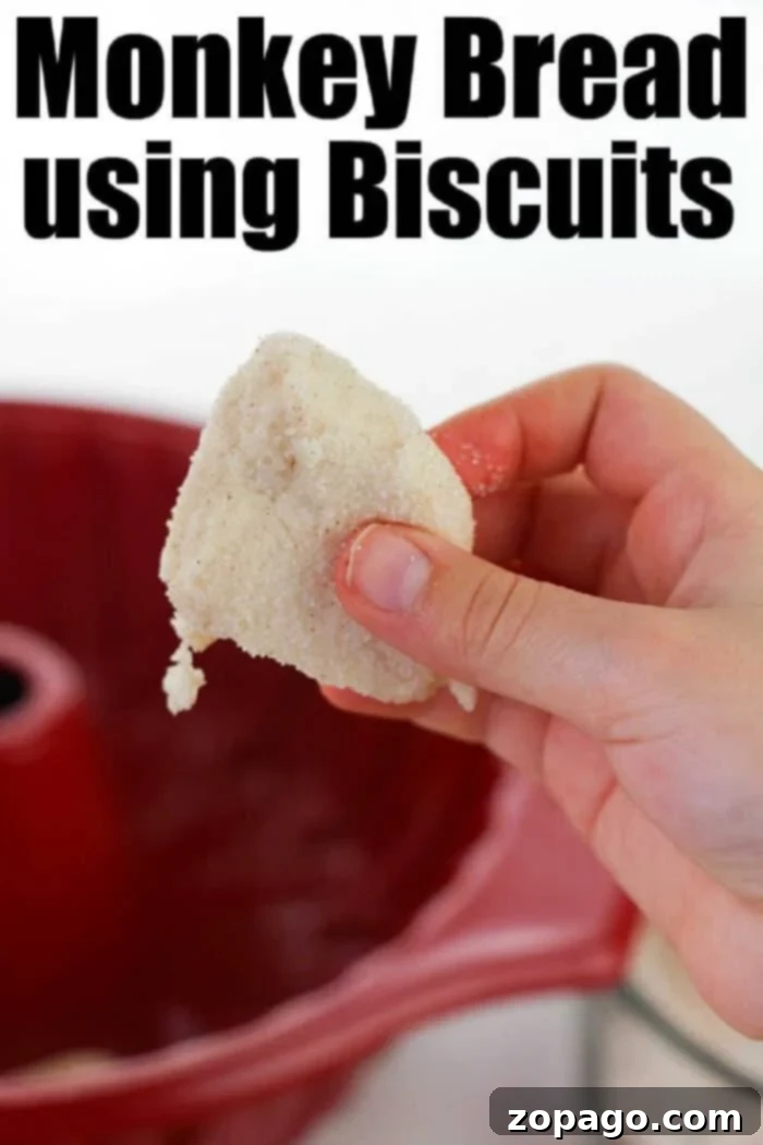 Easy monkey bread recipe using refrigerated biscuits is easier than you think! Add apples, berries and a drizzle of frosting for the ultimate breakfast. #monkeybread #biscuitmonkeybread #pillsburymonkeybread #christmasbreakfast #easymonkeybread A hand holds a sugar-coated biscuit piece, ready for monkey bread, with a red bundt pan in the background.
