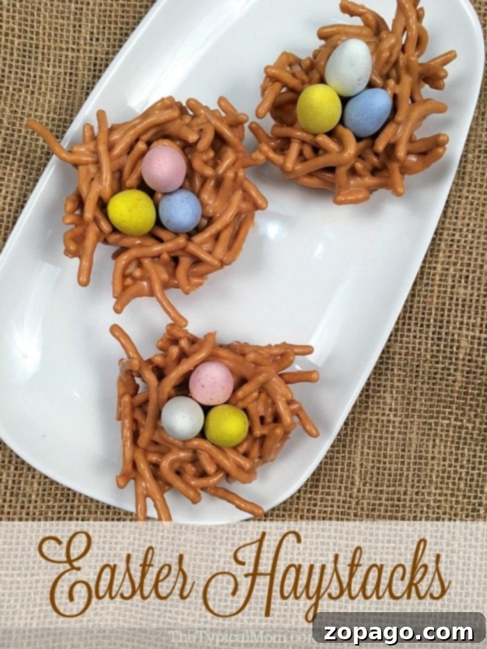 Butterscotch Haystacks Nests: Perfect No-Bake Easter Dessert Delicious butterscotch haystacks desserts shaped like Easter nests with chocolate eggs, a no-bake, kid-friendly treat with peanut butter and butterscotch flavor.