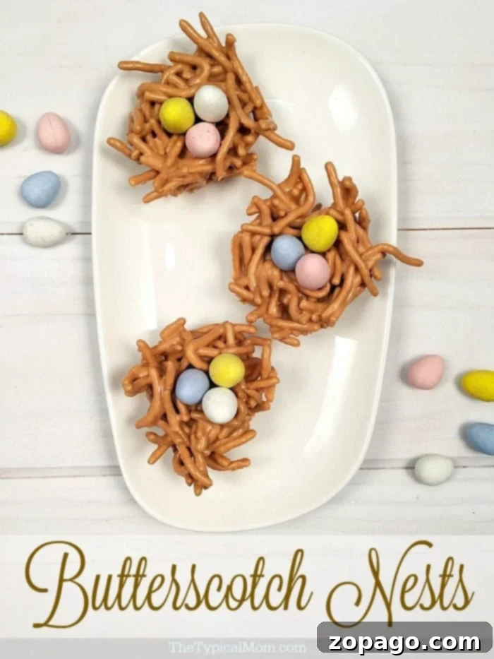 Butterscotch Haystacks Nests: A Sweet Easter Tradition Close-up of butterscotch haystacks nests with chocolate eggs, showcasing the crunchy texture and festive decoration.
