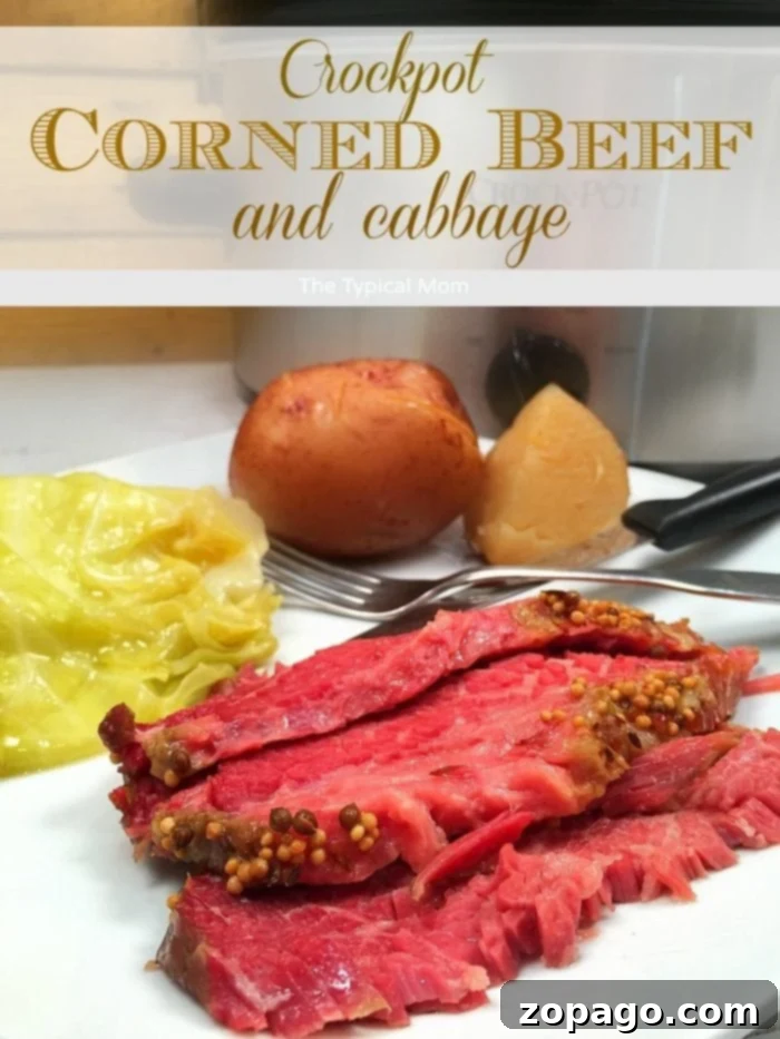 Ultimate Slow Cooker Corned Beef Brisket 7 Sliced slow cooker corned beef brisket on a platter
