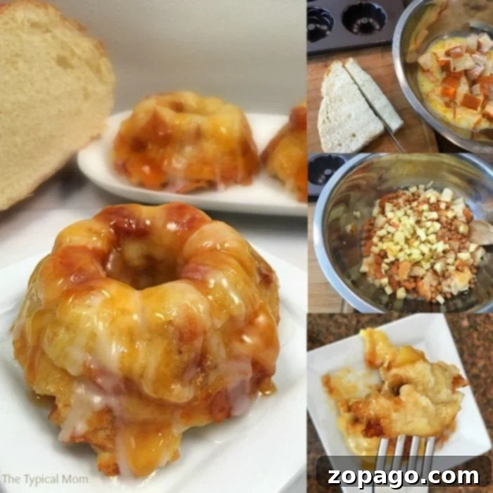 This easy caramel apple bread pudding recipe is amazing and so easy to make! With sticky caramel bits and tender pieces of apples inside it's the perfect dessert casserole to make year round. Make into pretty mini bundts drizzled with caramel sauce and it's the best homemade bread pudding you'll ever make. #caramel #apple #breadpudding #pudding #bread #easy #homemade #recipe Individual mini bread pudding with a sweet glaze, surrounded by fresh bread and diced apples, evocative of a rich caramel apple bread pudding.