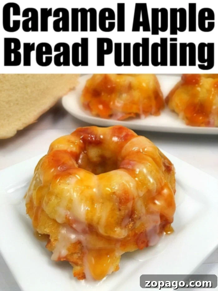 Caramel apple bread pudding recipe is amazing and so easy to make! With sticky caramel bits and tender pieces of apples inside it's the perfect dessert casserole to make year round. Make into pretty mini bundts drizzled with caramel sauce and it's the best homemade bread pudding you'll ever make. #caramel #apple #breadpudding #pudding #bread #easy #homemade #recipe Close-up of a homemade apple bread pudding, showcasing a luscious caramel drizzle and tender bread texture.