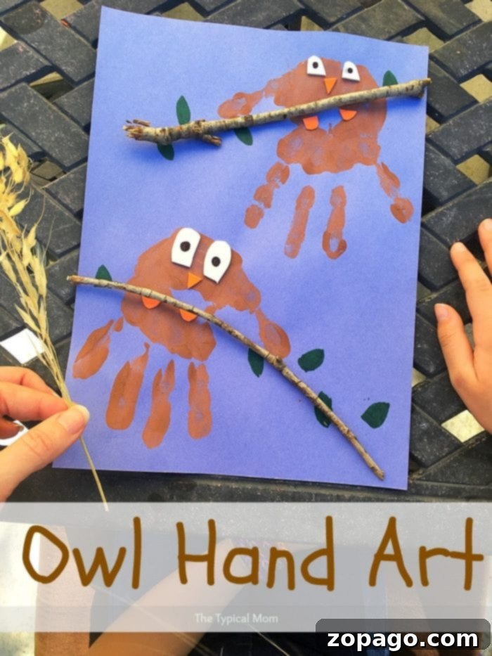 Creative and cheap kid crafts Completed owl handprint art with real sticks
