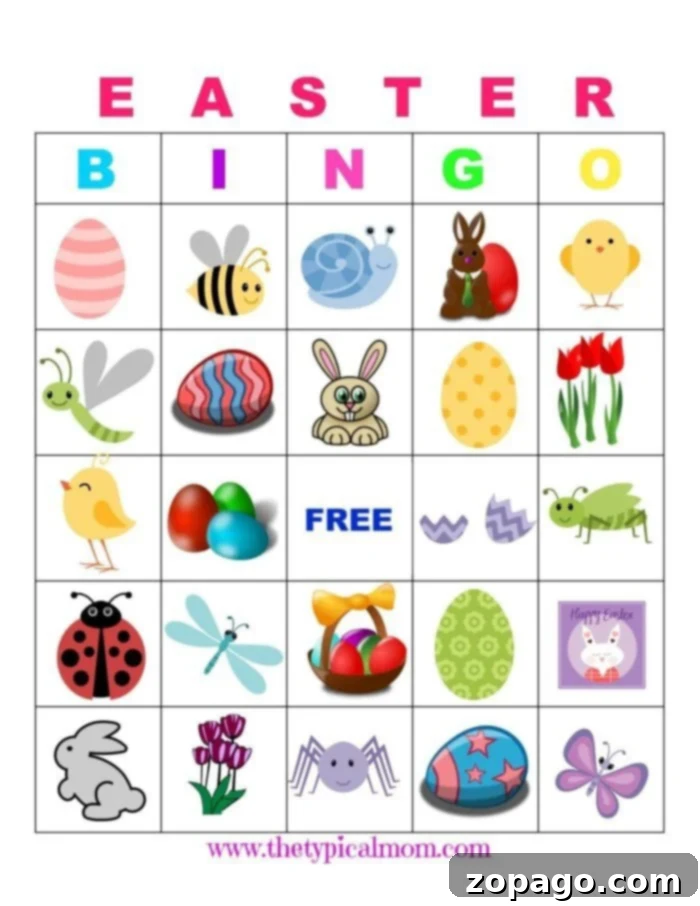Engage in cheerful Easter Bingo, a perfect free printable game for family and friends. Ideal for holiday parties and school activities, these cards offer endless fun. #EasterBingo #FreePrintables #KidsGames #FamilyFun Free Printable Easter Bingo Game with colorful Easter icons