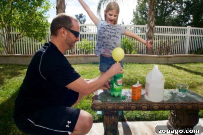 Baking soda and vinegar experiment with a balloon that's easy to do at home. Fun and simple Science experiment to do with kids. #experiment #science #kids #bakingsoda Baking soda and vinegar experiment for kids with a fully inflated balloon