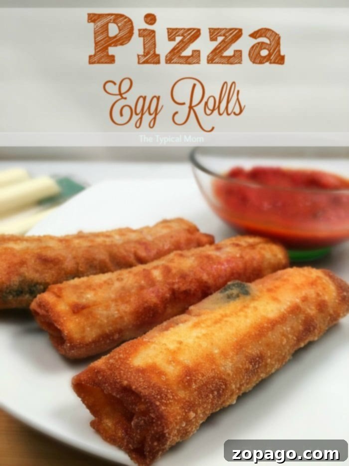 Crispy Pizza Bites 10 Three delicious pizza egg rolls, golden and crispy, arranged neatly on a white plate with a bowl of rich marinara dipping sauce in the background.