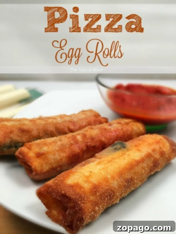 Crispy Pizza Bites 9 Three perfectly golden and crispy pizza egg rolls artfully arranged on a clean white plate, with a small bowl of rich red marinara dipping sauce blurred in the background, ready for an irresistible snack or appetizer.