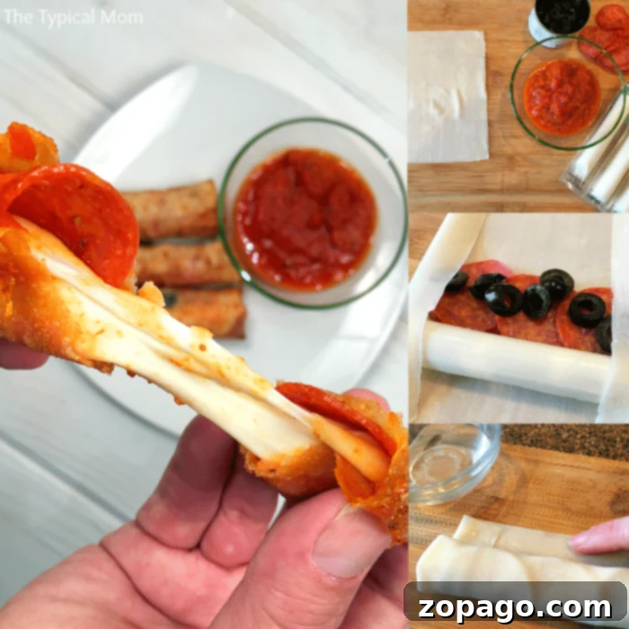 Crispy Pizza Bites 2 A visual step-by-step guide showcasing the preparation of pizza egg rolls: fresh ingredients on a wooden board, string cheese and pepperoni placed on a wrapper, and several rolled egg rolls ready for cooking.